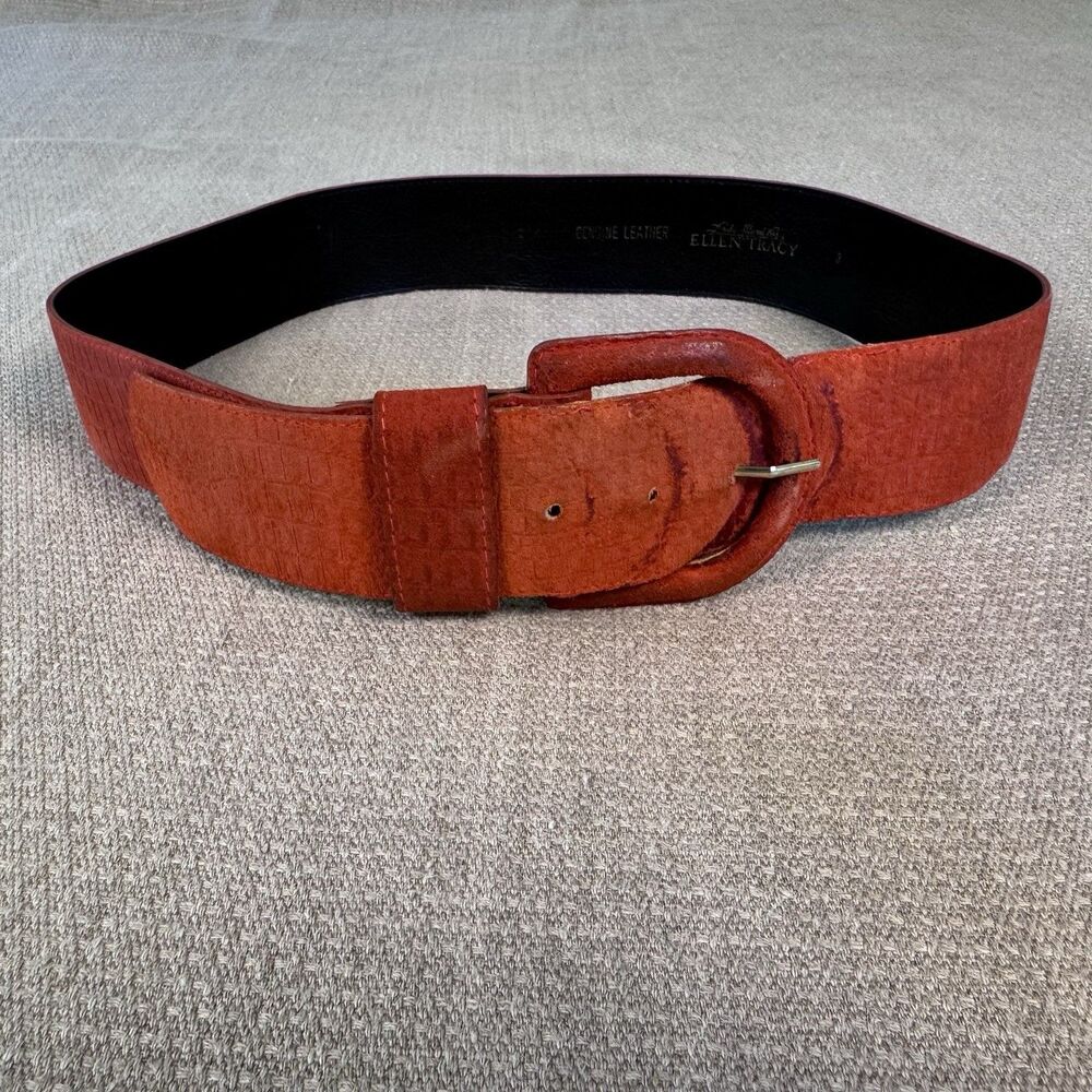 Vintage 80s Ellen Tracy Red Croc Suede Leather Wide Belt Large Buckle Sz S 527